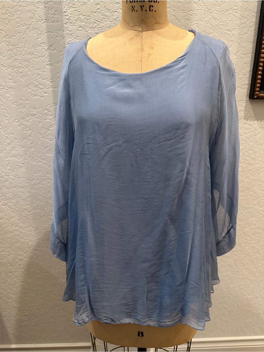 Light Blue 100% Silk Women's Sheer Scoop Neck Blouse - Relaxed Fit
